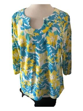 Ruby Rd. Size XL Teal, Yellow & Cream Floral Scoop Neck Top